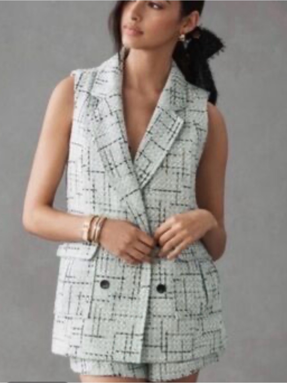 Anthropologie White Tweed Double-Breasted Sleeveless Blazer Vest